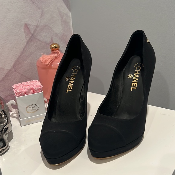 Chanel Black Satin Cap Toe Metal Heel Platform Pumps Size 39 1/2 - Picture 4 of 7